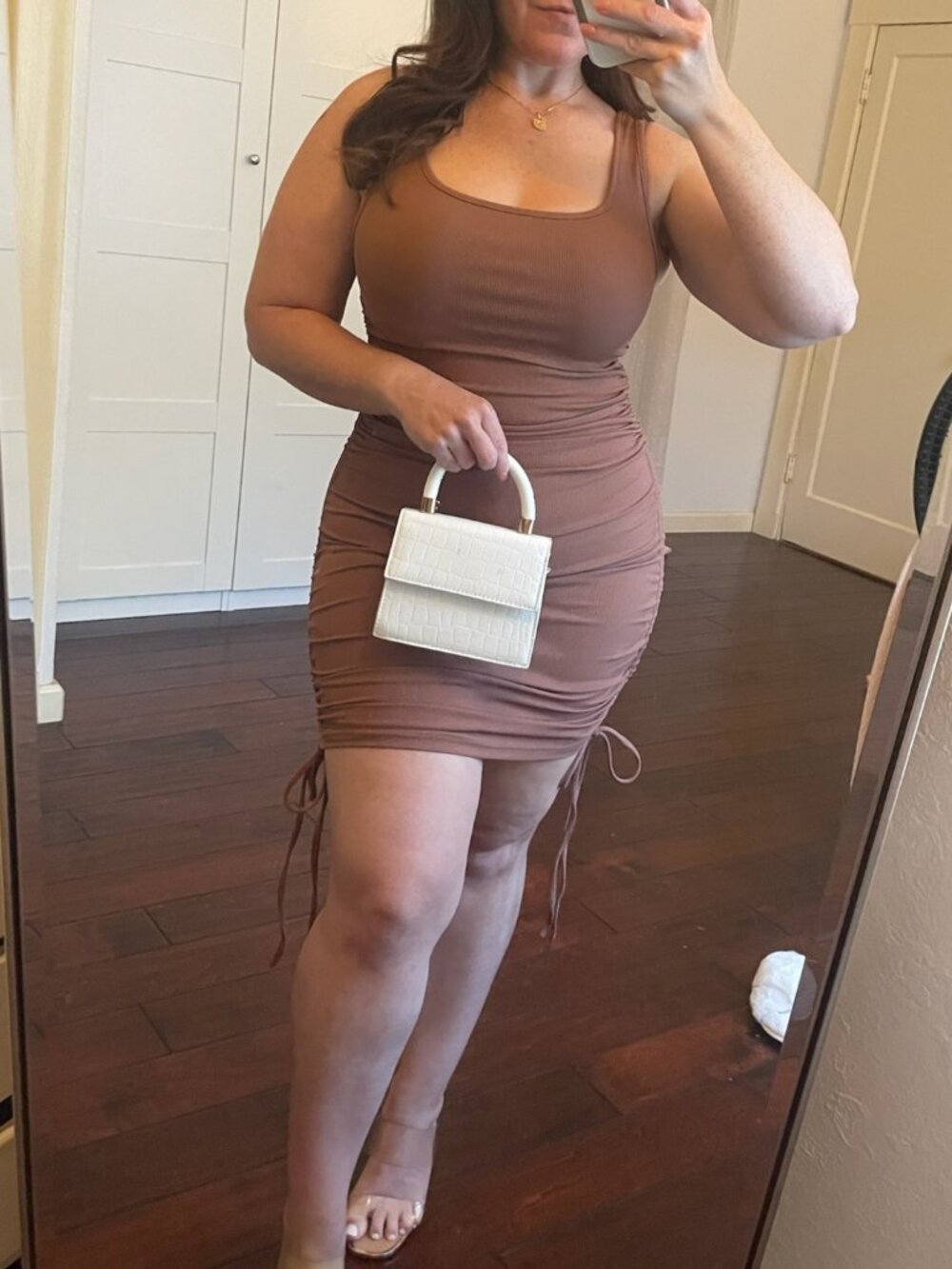Ribbed Stretch Adjustable Ruched Brown Mini Tank Dress - Sz S